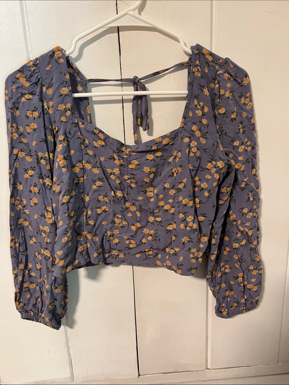 Square-Neck Floral Peasant Blouse in Slate Blue with Yellow Blossoms